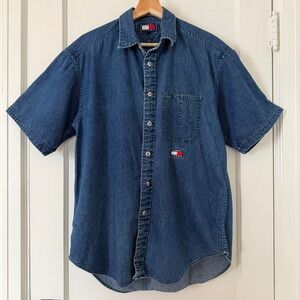 Vntg Tommy Hilfiger Mens Med Denim Short Sleeve Shirt Blue Button Down